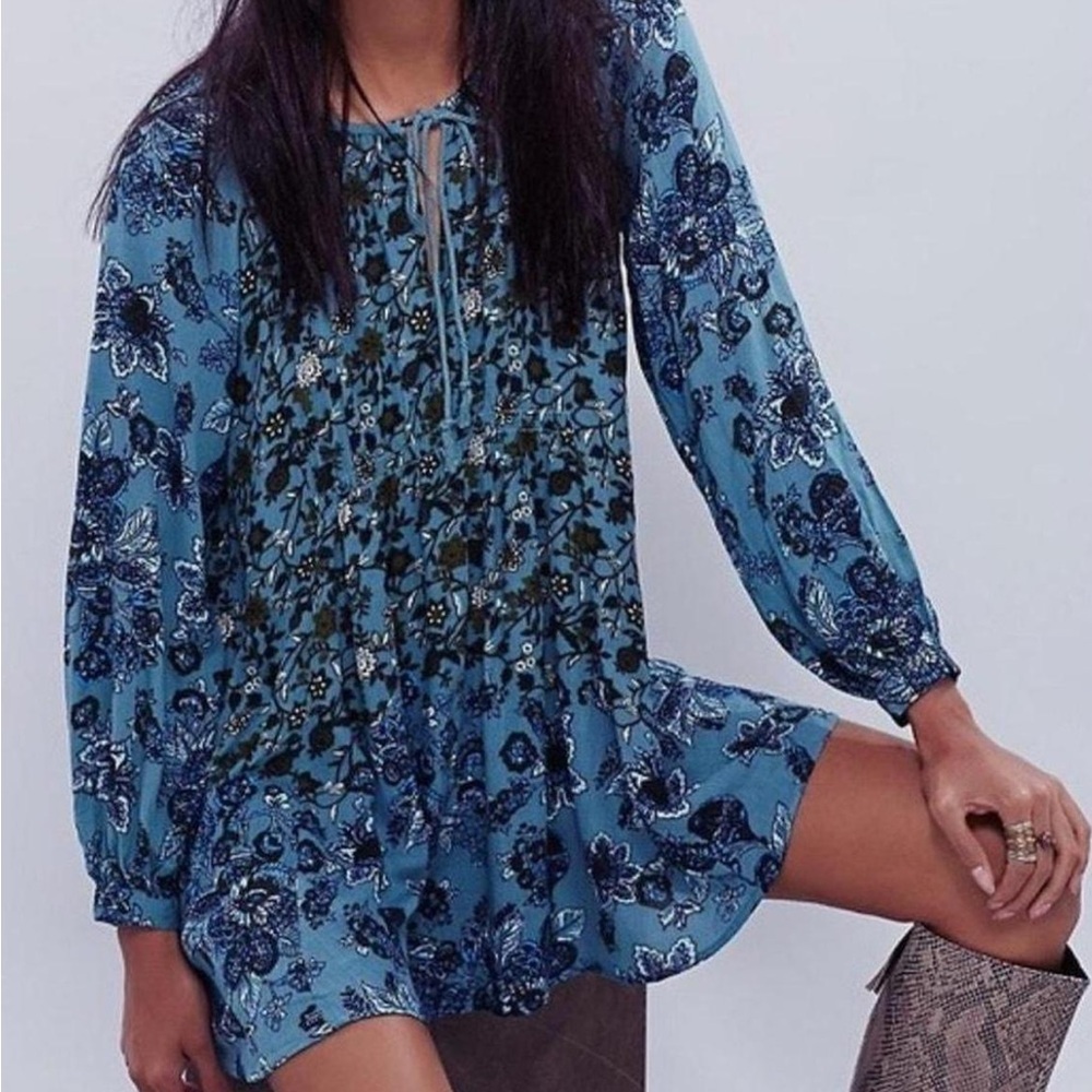 Free People Blue Floral Long Sleeve Dress